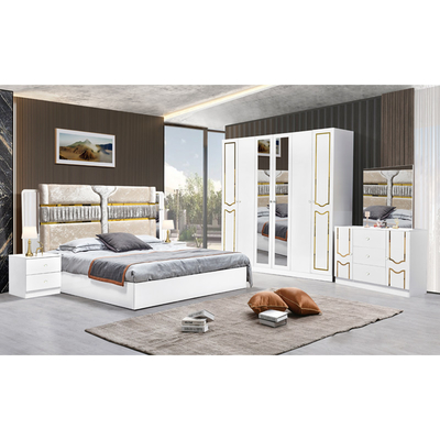 High Gloss Putih Kayu Frame Double Bed Suite Mewah Ukuran Raja Modern Desain Mdf Full Set furnitur kamar tidur