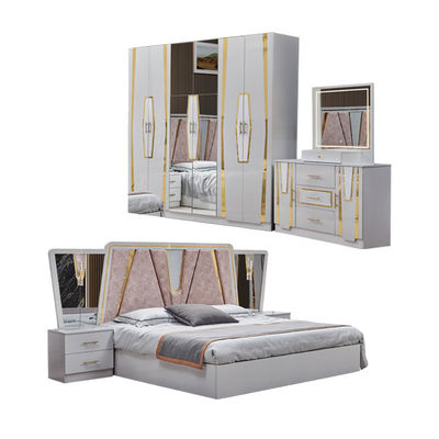 Foshan Grosir Kayu Frame Double Kulit Ukuran Raja Bed Suite Rumah Kayu Ratu Full Murah Modern Meubel Kamar tidur mewah Set