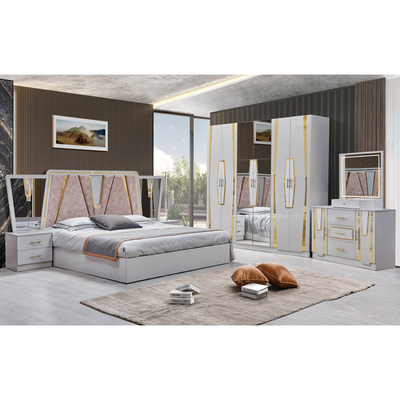 Foshan Grosir Kayu Frame Double Kulit Ukuran Raja Bed Suite Rumah Kayu Ratu Full Murah Modern Meubel Kamar tidur mewah Set