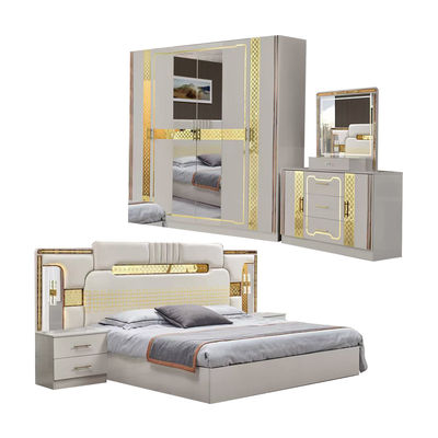 Turkish Luxury Style Frame Kayu Ukuran Raja Set Tempat Tidur Led Headboard Modern Klasik Full Home Set Kamar Tidur Kayu Furnitur