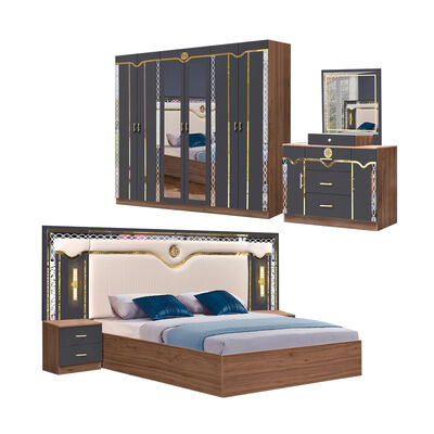 China Grosir MDF Kayu Murah Ukuran Raja Tempat Tidur Set 5 Piece Double Room Modern Luxury Frame Kayu Set Kamar Tidur Furnitur