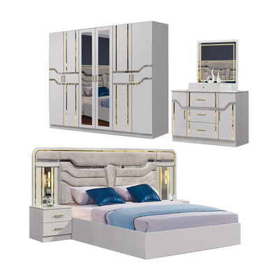China Grosir MDF Kayu Murah Ukuran Raja Tempat Tidur Set 5 Piece Double Room Modern Luxury Frame Kayu Set Kamar Tidur Furnitur