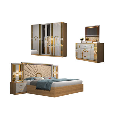 China Grosir MDF Kayu Murah Ukuran Raja Tempat Tidur Set 5 Piece Double Room Modern Luxury Frame Kayu Set Kamar Tidur Furnitur