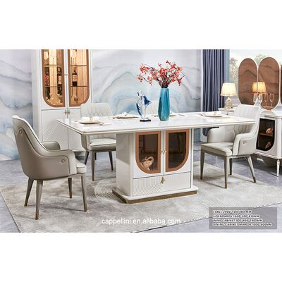 Meja makan mewah yang elegan dan kursi set 6 kursi furnitur rumah penyimpanan putih lengkap modern set ruang makan kayu besar