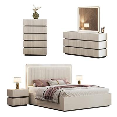 Modern Luxury King Size Bedroom Sets Double Bed LED Headboard Hotel Home Master Room Set furnitur kamar tidur kayu lengkap