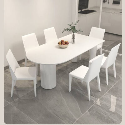 Set Meja Makan Skandinavia Putih Base Logam Furnitur Ruangan Makan Batu Slate Atas Meja Makan Modern untuk Apartemen Hotel