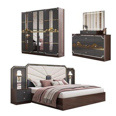 Set Furnitur Kamar Tidur Mewah Modern Bingkai Kayu Abu-abu Kilap Tinggi Tempat Tidur Ukuran King Suite Kamar Tidur Master Set Furnitur Kamar Tidur Turki