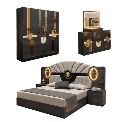 Set Kamar Tidur Lengkap Mewah Kerajaan Turki Ukuran King Rangka Kayu Headboard Lampu Perabot Kamar Tidur Modern