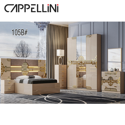 Set Kamar Tidur Mengkilap Tinggi Turki Furniture Tempat Tidur Penyimpanan Kayu MDF Ukuran Raja