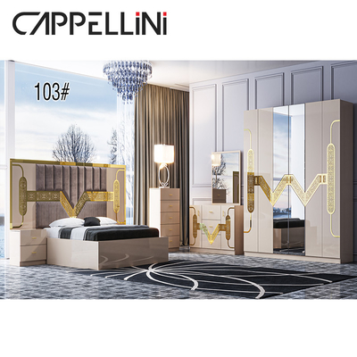 Set Kamar Tidur Modern Furnitur Kaca MDF dengan Lampu Malam Meja Samping Emas