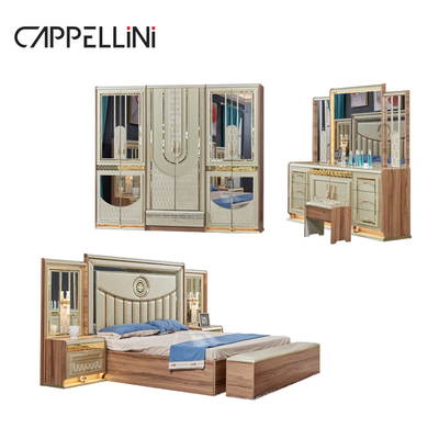 Rumah Mewah Emas Kayu Kulit Ganda Ukuran Raja Tempat Tidur Kayu Modern Rumah Full Set furnitur kamar tidur