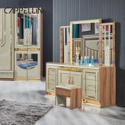 Rumah Mewah Emas Kayu Kulit Ganda Ukuran Raja Tempat Tidur Kayu Modern Rumah Full Set furnitur kamar tidur