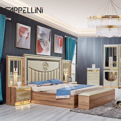 Rumah Mewah Emas Kayu Kulit Ganda Ukuran Raja Tempat Tidur Kayu Modern Rumah Full Set furnitur kamar tidur