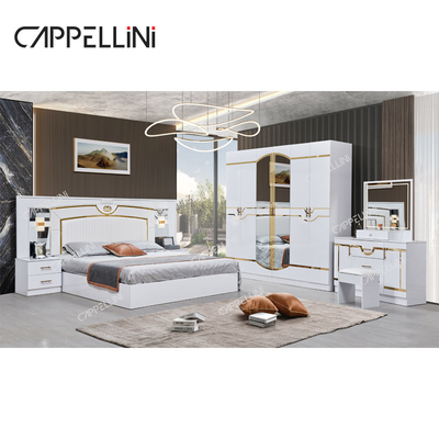 Luxury White Wood Double Leather King Size Bed Home Master Room Modern Frame Kayu Set furnitur kamar tidur lengkap