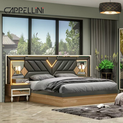 American Wood Frame Double Leather King Size Bed Home Master Room Suite Kayu Murah Set Perabot Kamar Tidur Modern
