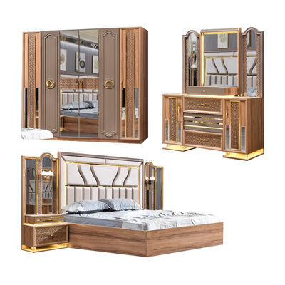 Turkish Luxury Style Frame Kayu Ukuran Raja Set Tempat Tidur Led Headboard Modern Klasik Full Home Set Kamar Tidur Kayu Furnitur