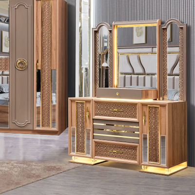 Turkish Luxury Style Frame Kayu Ukuran Raja Set Tempat Tidur Led Headboard Modern Klasik Full Home Set Kamar Tidur Kayu Furnitur