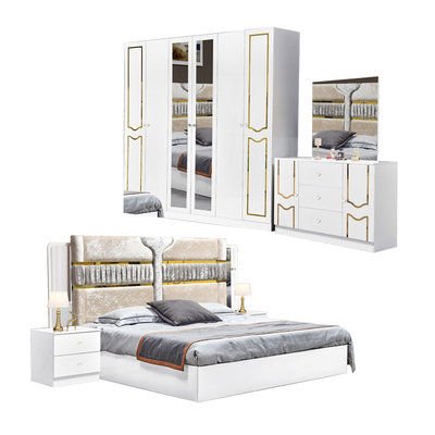 High Gloss Putih Kayu Frame Double Bed Suite Mewah Ukuran Raja Modern Desain Mdf Full Set furnitur kamar tidur