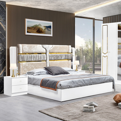 High Gloss Putih Kayu Frame Double Bed Suite Mewah Ukuran Raja Modern Desain Mdf Full Set furnitur kamar tidur