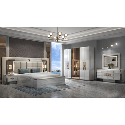 Berkualitas tinggi Modern Kerangka Kayu Ganda Ukuran Raja Tempat Tidur Kayu Terang Headboard Ruang utama Mewah Set furnitur kamar tidur penuh