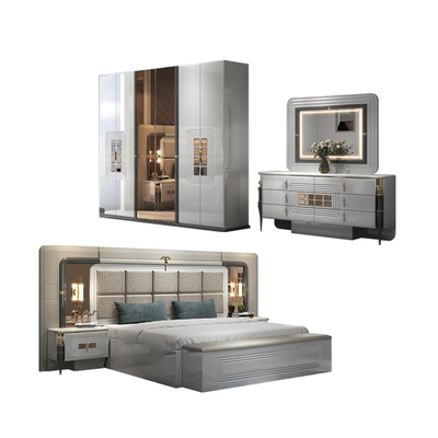 Berkualitas tinggi Modern Kerangka Kayu Ganda Ukuran Raja Tempat Tidur Kayu Terang Headboard Ruang utama Mewah Set furnitur kamar tidur penuh