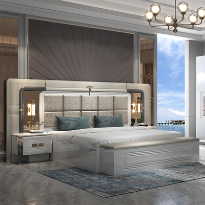 Berkualitas tinggi Modern Kerangka Kayu Ganda Ukuran Raja Tempat Tidur Kayu Terang Headboard Ruang utama Mewah Set furnitur kamar tidur penuh
