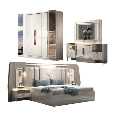 Desain Baru Modern Pencahayaan Headboard Kayu Ukuran Raja Set Kamar Tidur Rangka Kayu Ganda Full Rumah Mebel Mewah Set Kamar Tidur