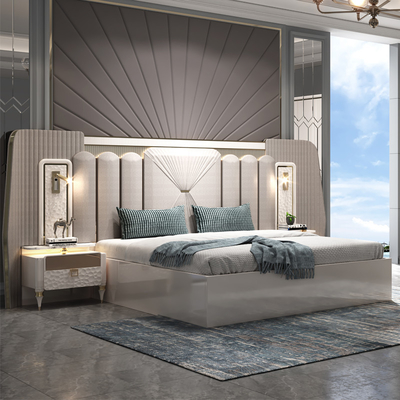 Desain Baru Modern Pencahayaan Headboard Kayu Ukuran Raja Set Kamar Tidur Rangka Kayu Ganda Full Rumah Mebel Mewah Set Kamar Tidur