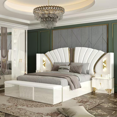 OEM Grosir Putih Royal Mewah Double King Size Bed Master Room Modern Rumah Kayu Frame Full Set furnitur kamar tidur