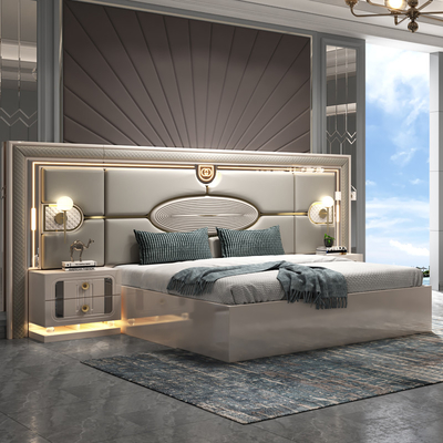 Modern Luxury Frame Kayu Double King Size Bed Set Villa Home Master Room Ratu Kulit Kayu Mdf Full Furniture Set Kamar Tidur