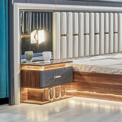 Berkualitas tinggi Modern Kayu Ukuran Raja Double Bed Set Kulit Headboard Kayu Meubles Rumah Mewah Set Kamar Tidur