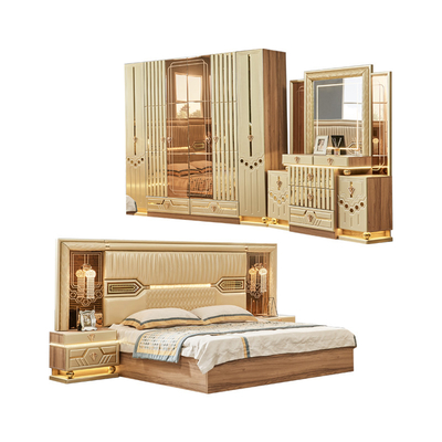 2025 New Modern Design King Size Double Bed Kulit Suite Master Room Set Lengkap Kayu Meja Rumah 5 Piece Set Kamar Tidur