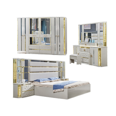 Modern Luxury Villa Kayu Frame King Size Tempat Tidur Rumah Royal Klasik Kayu Ratu Double Kulit Set furnitur kamar tidur penuh