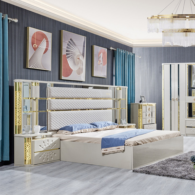 Modern Luxury Villa Kayu Frame King Size Tempat Tidur Rumah Royal Klasik Kayu Ratu Double Kulit Set furnitur kamar tidur penuh