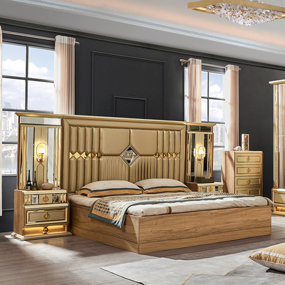 Kayu Modern Gold King Size Bed Double Master Room Villa Rumah Royal Full Queen Kayu Meubel Kamar Tidur Mewah Set