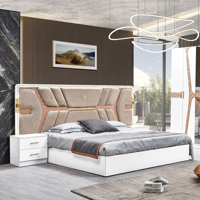 Turkish Luxury Style Frame Kayu Ukuran Raja Set Tempat Tidur Led Headboard Modern Klasik Full Home Set Kamar Tidur Kayu Furnitur