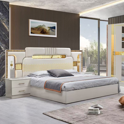 Turkish Luxury Style Frame Kayu Ukuran Raja Set Tempat Tidur Led Headboard Modern Klasik Full Home Set Kamar Tidur Kayu Furnitur