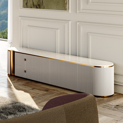 Desain sederhana Ruang tamu TV kayu putih Stand Home Furniture Storage Modern Modern Kayu Marmer Slate Top TV Cabinet
