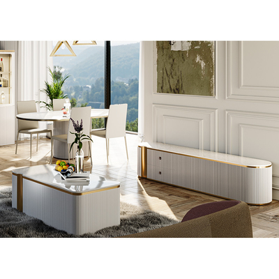 Desain sederhana Ruang tamu TV kayu putih Stand Home Furniture Storage Modern Modern Kayu Marmer Slate Top TV Cabinet