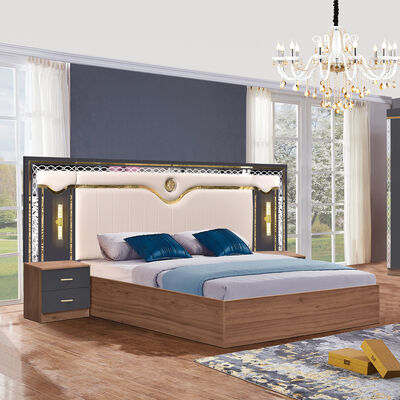 China Grosir MDF Kayu Murah Ukuran Raja Tempat Tidur Set 5 Piece Double Room Modern Luxury Frame Kayu Set Kamar Tidur Furnitur