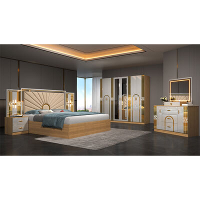 China Grosir MDF Kayu Murah Ukuran Raja Tempat Tidur Set 5 Piece Double Room Modern Luxury Frame Kayu Set Kamar Tidur Furnitur