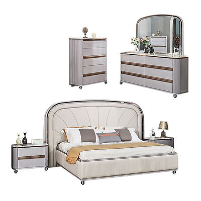 Modern Luxury Kulit Double Bed Komplit Set Kamar Tidur Kamar Master Frame Kayu Modern King Size Kamar Tidur Furniture Set