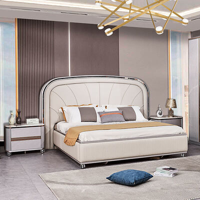 Modern Luxury Kulit Double Bed Komplit Set Kamar Tidur Kamar Master Frame Kayu Modern King Size Kamar Tidur Furniture Set