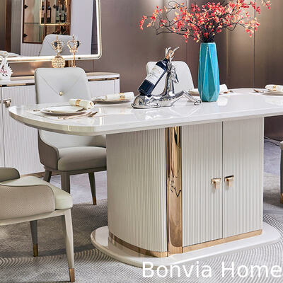 Set Meja Makan Kayu Putih Mewah Modern 6 Kursi Set Furnitur Lengkap Penyimpanan Rumah Meja Makan Kayu Besar dan Set Kursi