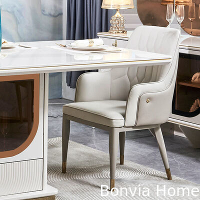 Meja makan mewah yang elegan dan kursi set 6 kursi furnitur rumah penyimpanan putih lengkap modern set ruang makan kayu besar