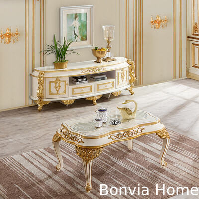European Style Gold Royal Luxury Coffee Table Set Furniture Rumah Perancis Klasik Ruang tamu Kayu Besar Pusat Meja Kopi