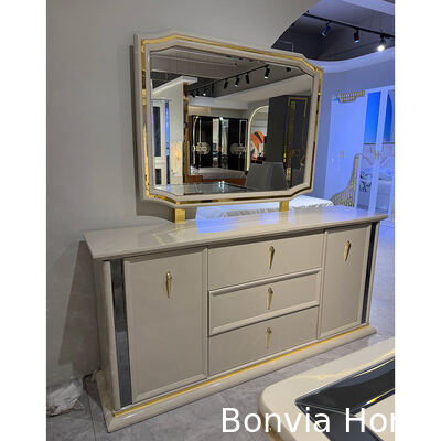 Set Meja Makan Kayu Mewah Putih dan Kursi 6 Seater Furnitur Rumah Ruang Makan Meja Makan dengan Lemari Samping Kabinet Anggur