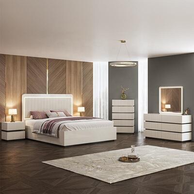 Modern Luxury King Size Bedroom Sets Double Bed LED Headboard Hotel Home Master Room Set furnitur kamar tidur kayu lengkap