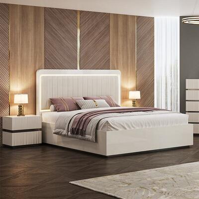 Modern Luxury King Size Bedroom Sets Double Bed LED Headboard Hotel Home Master Room Set furnitur kamar tidur kayu lengkap