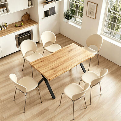 Gaya minimalis persegi panjang Meja makan tepi hidup Metal Base Meja makan furnitur Kayu Meja makan modern Set 6 kursi